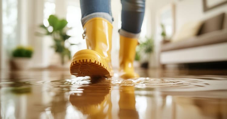 γυναίκα με κίτρινες γαλότσες περπατάει σε εσωτερικό χώρο που έχει πλημμυρίσει